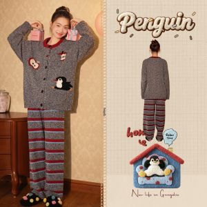 GONGDIE | Heat Retention Adorable Penguin Pattern Flannel Womens Sleepwear