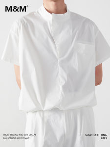 MM Summer Loose Fit เสื้อเชิ้ตคอสูงแขนสั้นผ้าฝ้ายผสมสําหรับเยาวชน Original Niche Design ชุดลําลองสําหรับทั้งชายและหญิง