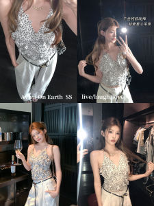 Aviva on Earth Korean Style Vest Beautiful Back V-Neck Print Outerwear Strap Design Sensual Color Collision Short Fit Polyester