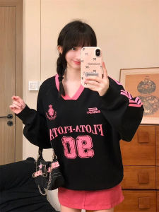 Loose Fit American Splice Color Block V Neck Striped Long Sleeve Women Casual Lazy Style Letter Print Overhead Sweatshirt