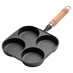 【Flagship】4-Hole Frying Pan Wooden Handle Non Stick Egg Frying Pan Hamburg Bread Breakfast Maker for Gas Stove Induction Cooker