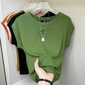 Slimming round Neck Solid Color Design Womens High End Short Sleeve Simple Fledgling Sleeve T-Shirt Summer Top New