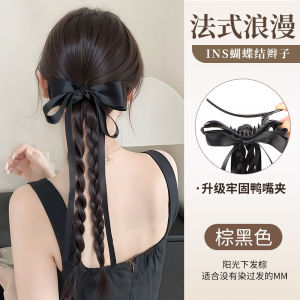New Chinese Style Braided Hair Wig Realistic Hair Tail Clip Twist Silk Ribbon Butterfly Knot Long Braid Hair Extension