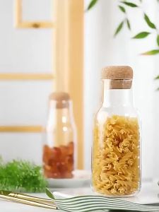 1PCS Clear Glass Storage Jar With Natural Cork Lid Airtight Sealed Glass Canister Kitchen Cereal Pasta Grain Soybean Tea Coffee