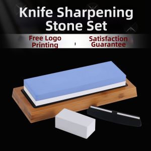 Dual-sided White and Blue Sharpening Stone with Bamboo Base Set