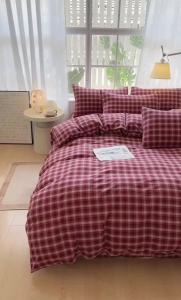 100% Washed Cotton Yarn‑Dyed Duvet Cover Set Retro Red Plaid Bedding with 2 Pillowcases Soft Breathable Skin‑Friendly Comfort