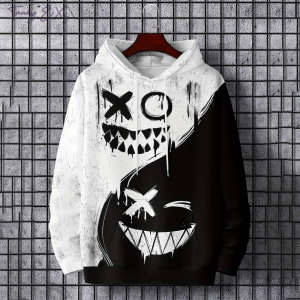 New autumn mens fashionable smiling face design printed soft and comfortable hooded sweatshirt outdoor streetwear