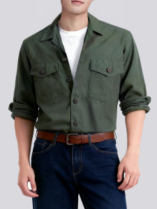 Áo Sơ Mi Nam Cotton Nguyên Chất Màu Xanh Lá Cây Dài Tay Cổ Bẻ Phong Cách Cổ Điển Thường Ngày Mùa Xuân 2024 Áo Sơ Mi Nam