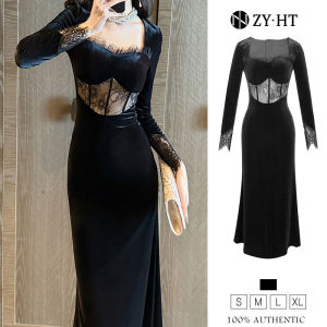ZYHT EraVogue เดรสผู้หญิง เดรสผู้หญิง ดิเอrlซีดำ เดรสแขนยาว ผ้ากระชับ กระชับ เดรสกำมะหยี่ เดรสไฮโซ เดรสวินเทจ เดรสออกงาน เดรสปาร์ตี้ เดรสฝรั่งเศส 9681