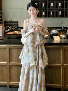 Fishline Floral Lace Chiffon Layered Cheongsam Dress