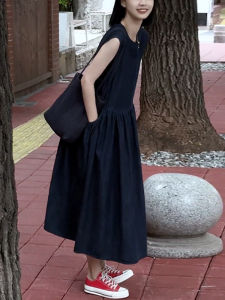 UYFY | Casual Loose Fit Long Dress In Indigo Blue Womens Sleeveless Fashionable Dress High Waist Gored Skirt A-Line Silhouette