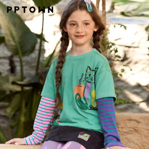 PPTOWN | Girls Two-in-One Cotton Long-Sleeve T-Shirt