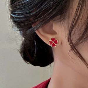 Red Lucky Clover Earrings S925 Silver No Piercing
