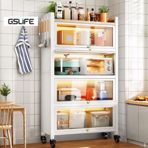 GSLIFE Rak Dapur Serbaguna Lemari Piring Multi-layer Rak Oven Microwave Lemari Dapur Minimalis Dengan Roda Pintu