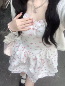 Summer Pure Desire Floral Print Halter Dress Womens French Style High Waist Puffy Short Skirt Elegant Princess A-Line Dress