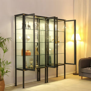 Retro Iron Art Glass Display Cabinet Collectible Showcase Shelf Middle Ancient Style Wine Cabinet with Light Nordic Style Home Furniture