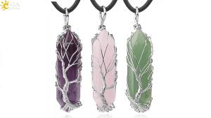Crystals Necklace Natural Gem Stone Pendant Hexagonal Silver Color Life Tree Wire Wrap White Raw Crystal Quartz Jewelry G551