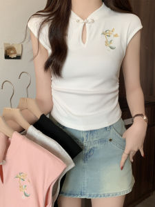 New Chinese Style V-neck Short Sleeve Cotton T-shirt Womens Slim Fit Summer New Style Pure Cotton Short Length Spicy Girl Top