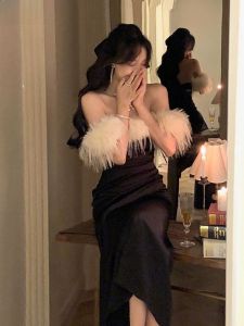 ชุดเดรสคอวีแขนกุดผ้าโพลีเอสเตอร์เอวสูง ชุดแต่งงานแบบสวม ชุดราตรีเซ็กซี่ ขนนกค้างคาว ชุดราตรีสุดหรู ชุดเดรสเกาะอก ชุดแต่งงาน