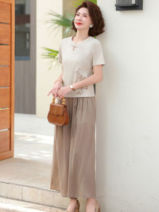 Bộ Đồ Hai Mảnh Tay Ngắn Mùa Hè Cho Phụ Nữ Trung Niên Quần Ống Rộng Thường Ngày Áo Sơ Mi Dài Tay Polyester Trang Phục Công Sở
