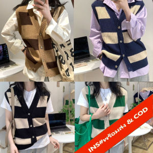 M0605# เสื้อกั๊กไหมพรมลายวินเทจ คอวี สไตล์เกาหลี ดูหรูหรา