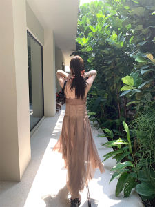 [13C] Dried Rose Super Heavy Industry Patchwork Fishtail Suspender Skirt Slim Looking Draping Effect Vacation Style Dress Women