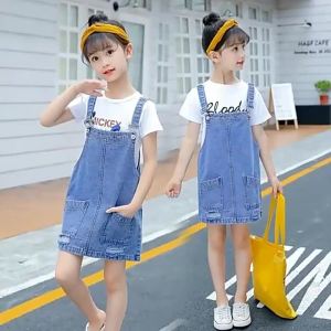 2026 New Girls Denim Strap Baby Dress Cotton Toddler Girls Spring Summer Autumn Sleeveless Pocket Front Short Dress 2-10Y