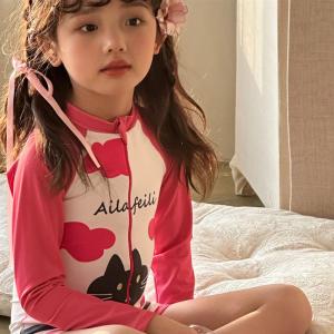Ailanfeili New Childrens Swimsuit Color Block Sun Protection One Piece Long Sleeve Cartoon Swimming Suit for Girls White Enhancing