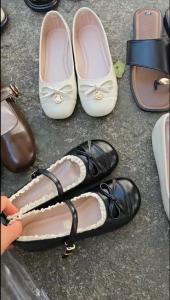 (hàng xưởng phom rộng 15 ) Giày búp bê mũi tròn to phối ren nửa da bóng nì mềm êm trống trơn MV551