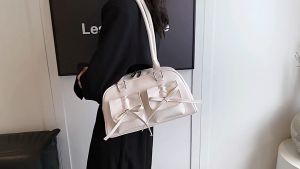 JIVIVIL màu trơn PU Đeo Vai Nữ Túi với cung túi túi xách thanh lịch Túi boston Túi bowling