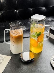 Large Capacity Square Glass Cold Water Pot with Handle for Tea Brewing Juice And Milk Tea Home Use Heat Resistant Pot with Lid