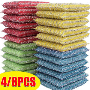 4/8 cái hai mặt dây thép vải xốp rửa chén tái sử dụng dầu chống dính khăn lau dụng cụ vệ sinh nhà bếp gia đình