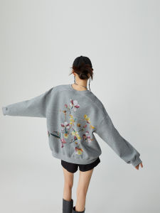 Design Sense Small Niche Print Loose Long Sleeve Round Neck Gray Hoodie