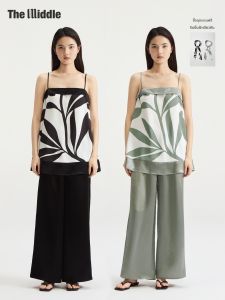 THE MIDDLE | Planted Satin Feel Strap Top Acid Acetate Straight Pants