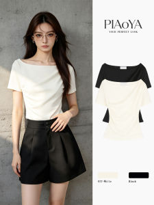 PIAOYA | New Waist-Cinching Ruffle Design Slimming Office-Style Square Neck Short Sleeve T-shirt