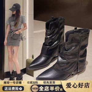 รองเท้าบู๊ทส้นสูงหัวแหลมสีน้ำตาล ทรงย้อนยุค สไตล์วันพีซ สำหรับผู้หญิง ฤดูใบไม้ผลิและฤดูใบไม้ร่วง รองเท้าบู๊ทสไตล์วินเทจแบบลำลอง