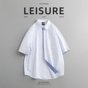 GONGNU | Retro Striped Contrast Placket False Two-Piece Loose Short Sleeve Shirt