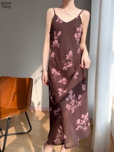 BALANYANG | Đầm Chiffon In Hình Dây Đeo V-Neck Phong Cách Pháp