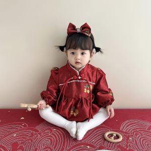 Chinese Style One Year Old Baby Girl Birthday Dress Red Colorful Spring Autumn Winter Celebration Ceremony Clothing Polyester Fiber