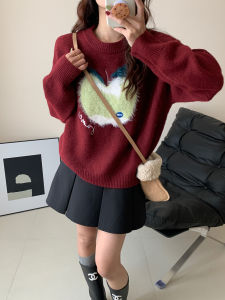 Christmas Atmosphere Vintage round Neck Warm Sweater Apple Embroidery Loose Casual Top Li Xing Meng Commute Style Knitted Long Sleeve