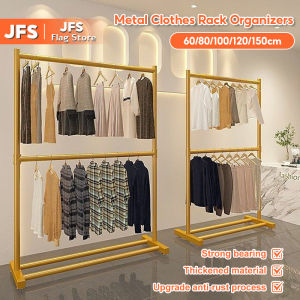 JFS 60-150cm Metal Clothes Rack Organizers Double Rod Metal Clothes Rack Clothes Hanging Rack Heavy Duty Floor-standing Hanger Stand