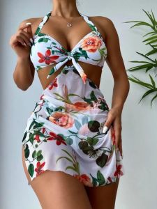 Bộ Đồ Bơi Một Mảnh in Họa Tiết Cổ Treo Bộ Đồ Bơi Hai Mảnh Có Quần Ngắn Tay Ngắn Mùa Xuân 2025 Bộ Đồ Thể Thao Thường Ngày Dành Cho Nữ