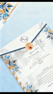200 Undangan Pernikahan & Khitanan Desain Floral/Biru Model Semi Amplop Lipat Tiga SR055A-0557A