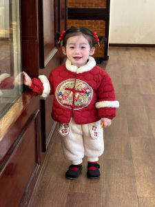 New Chinese Style Childrens Outfit Cotton Thermal New Years Clothes Girls Cheongsam Pants Thickened Long Sleeve Polyester Fiber