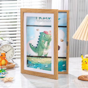 Kids Art Frame With Storage Magnetic Front Open Changeable A4 Artwork Display Frame Wooden Photo Frame For Children Drawing