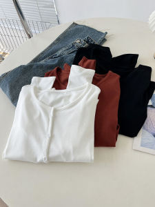 Fastener Decoration Bottom Slit Long Sleeves T-Shirt Female Early Autumn Korean Style New Arrival Minimalist Loose Elastic Round Neck All-Matching Tops