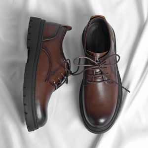 Genuine Leather Mens Shoes Casual British Style Wedding Groom Shoes Brown Leather Heightening Business Formal Spring Autumn