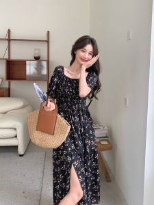 Black Spicy Retro Long Split Dress Women Summer New Slimming French Floral Dress High-End Feel Korean Style Commute Bubble Sleeve