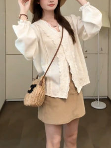 SHUAIYUE | French Style Lace V-Neck Blouse