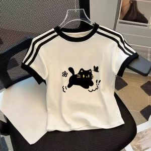 Girls Short Sleeve Three Bars T-Shirt Pure Cotton Slim Fit round Neck Summer Versatile Cat Print Korean Style Childrens Clothing